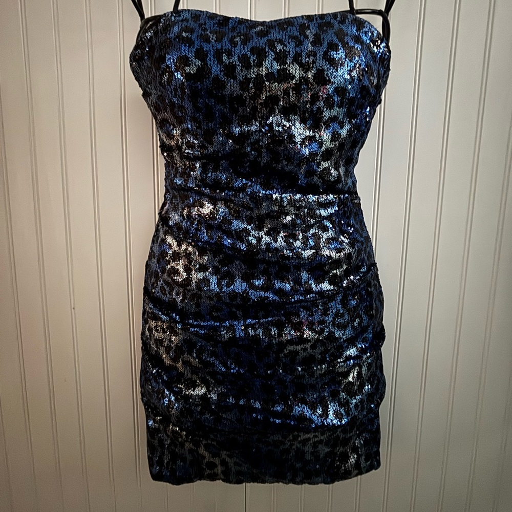 Blue and Black Leopard Print Sequin Dress